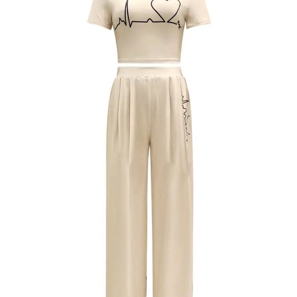 Boho Summer Two Piece Cropped T-shirt & High Waist Wide Leg Outfit NWOT - Picture 3 of 3